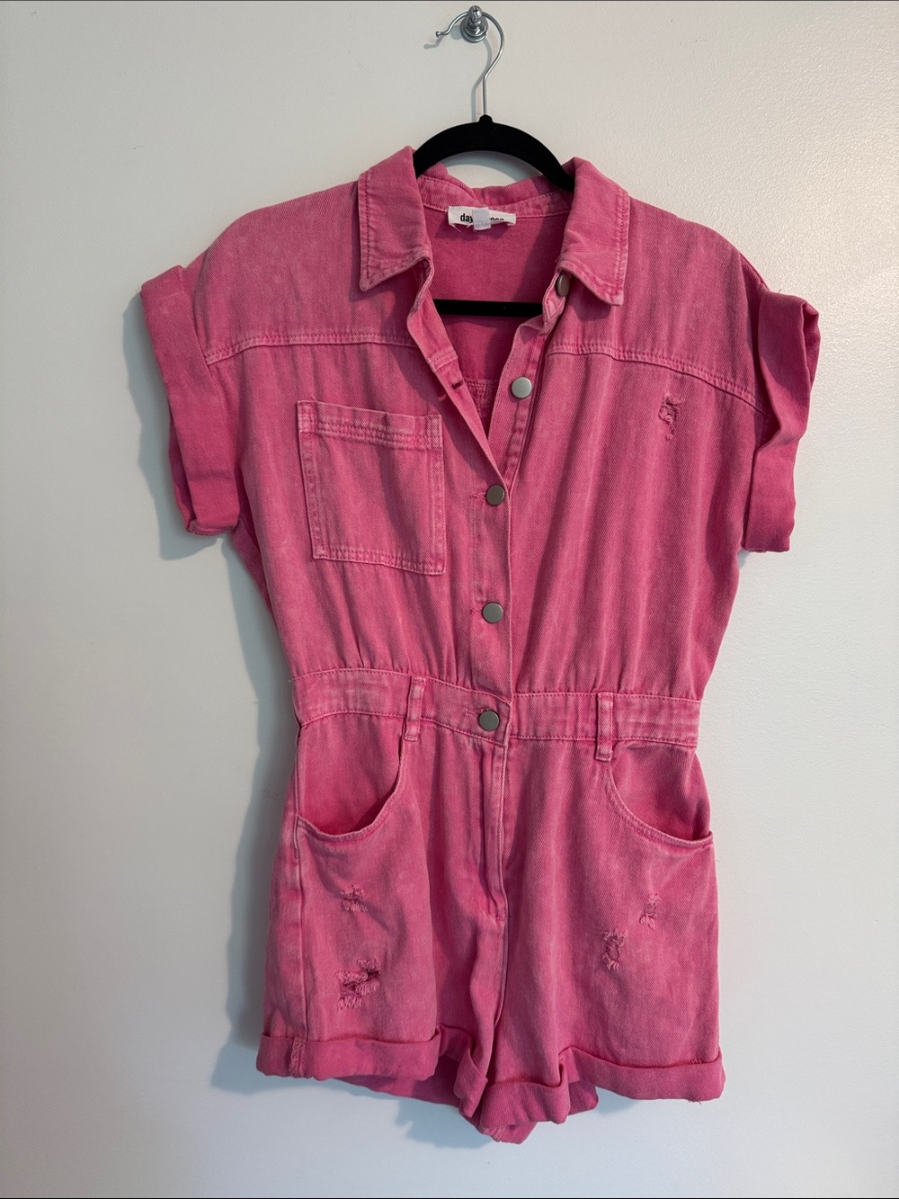 Day + Moon Pink Short Sleeve Distressed Denim Romper